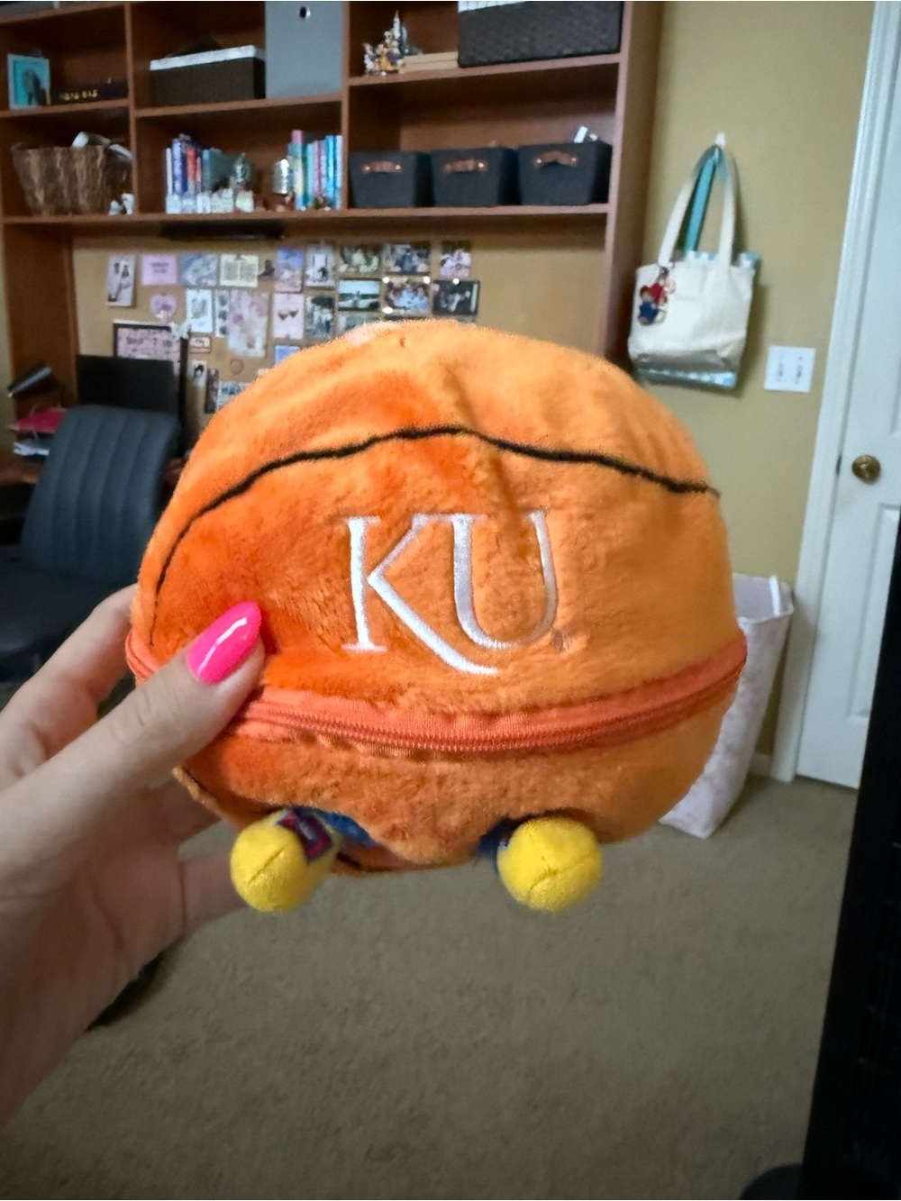 KU Plush Basketball Pouch With Jayhawk- Orange